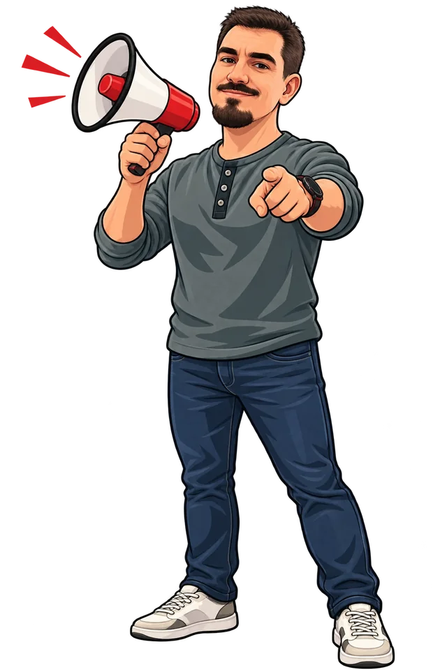 Illustration: a character with a megaphone pointing at the reader.