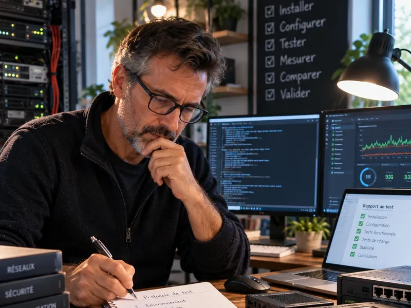 Illustration: a man writing a test protocol, surrounded by equipment.