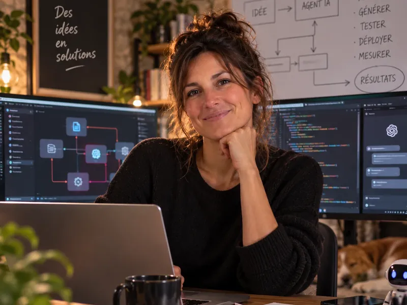 Illustration: a woman at her desk, in front of screens showing a sequence of AI agents.