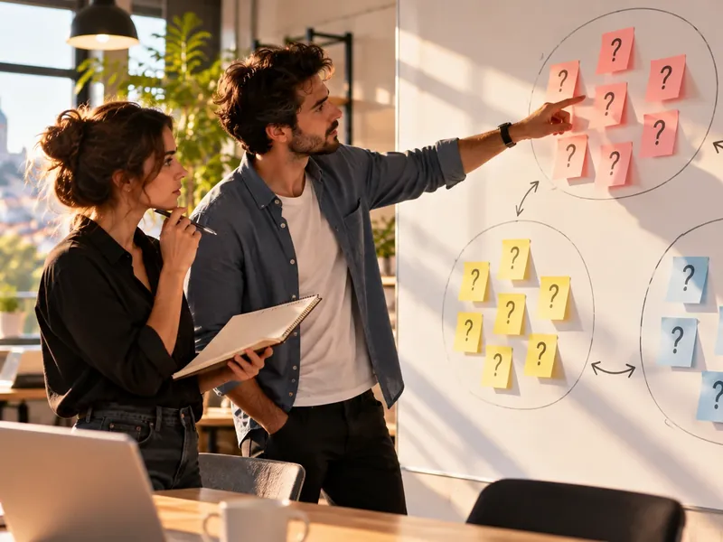 Illustration: two people in front of a board covered with questions grouped by theme.