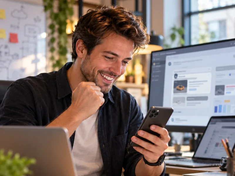 Illustration: a man at his desk, smiling in front of his phone.