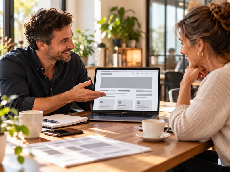 Illustration: two people talking in front of a laptop.