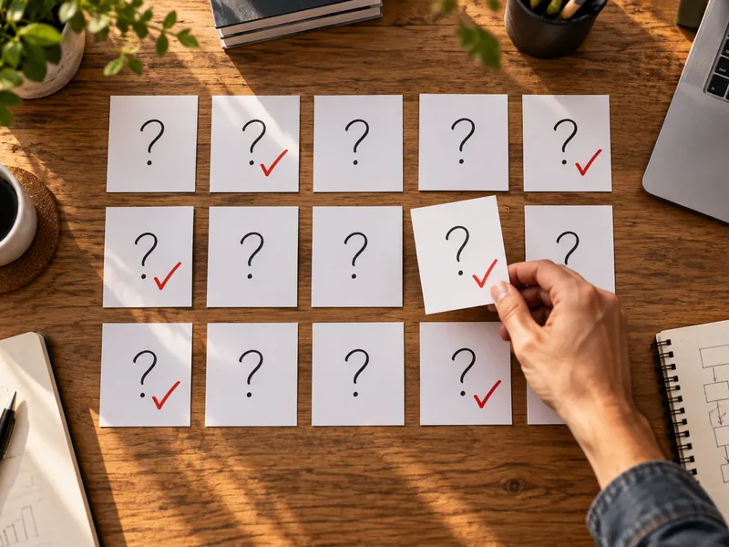 Illustration: a hand ticking question cards placed on a desk.