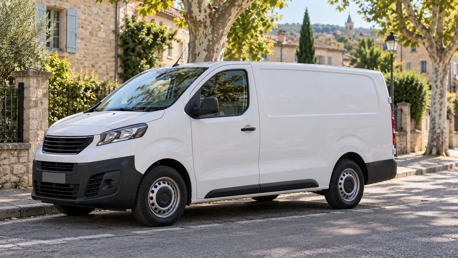 A plumber's van, with their name and number on the side, then the side blank.