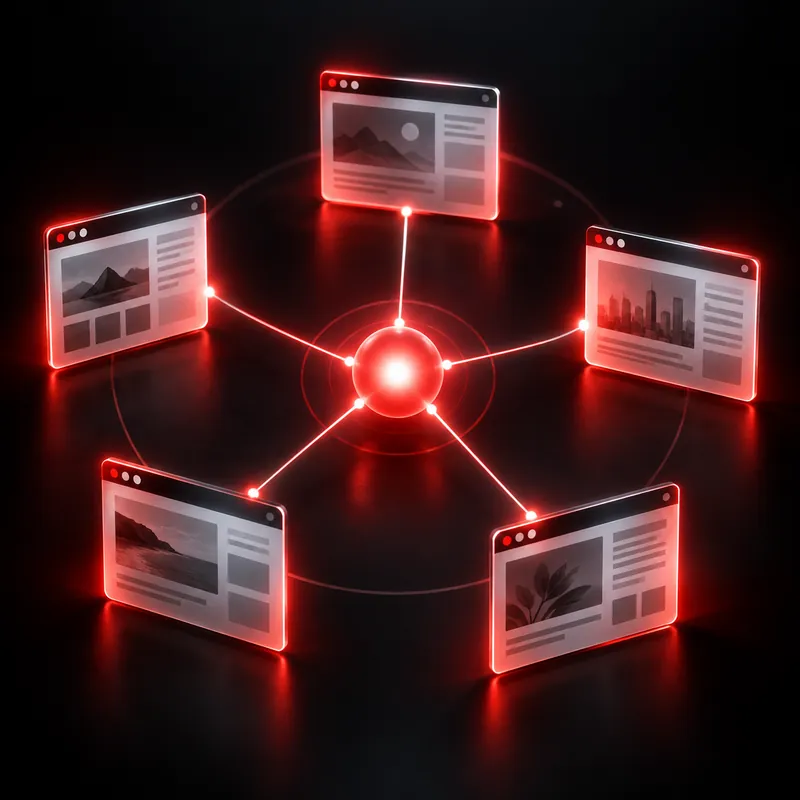 Five website windows connected to a central light point.