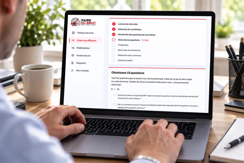 The FaireDuBruit client area on a computer: the distribution steps, then 'Choose 15 questions'.