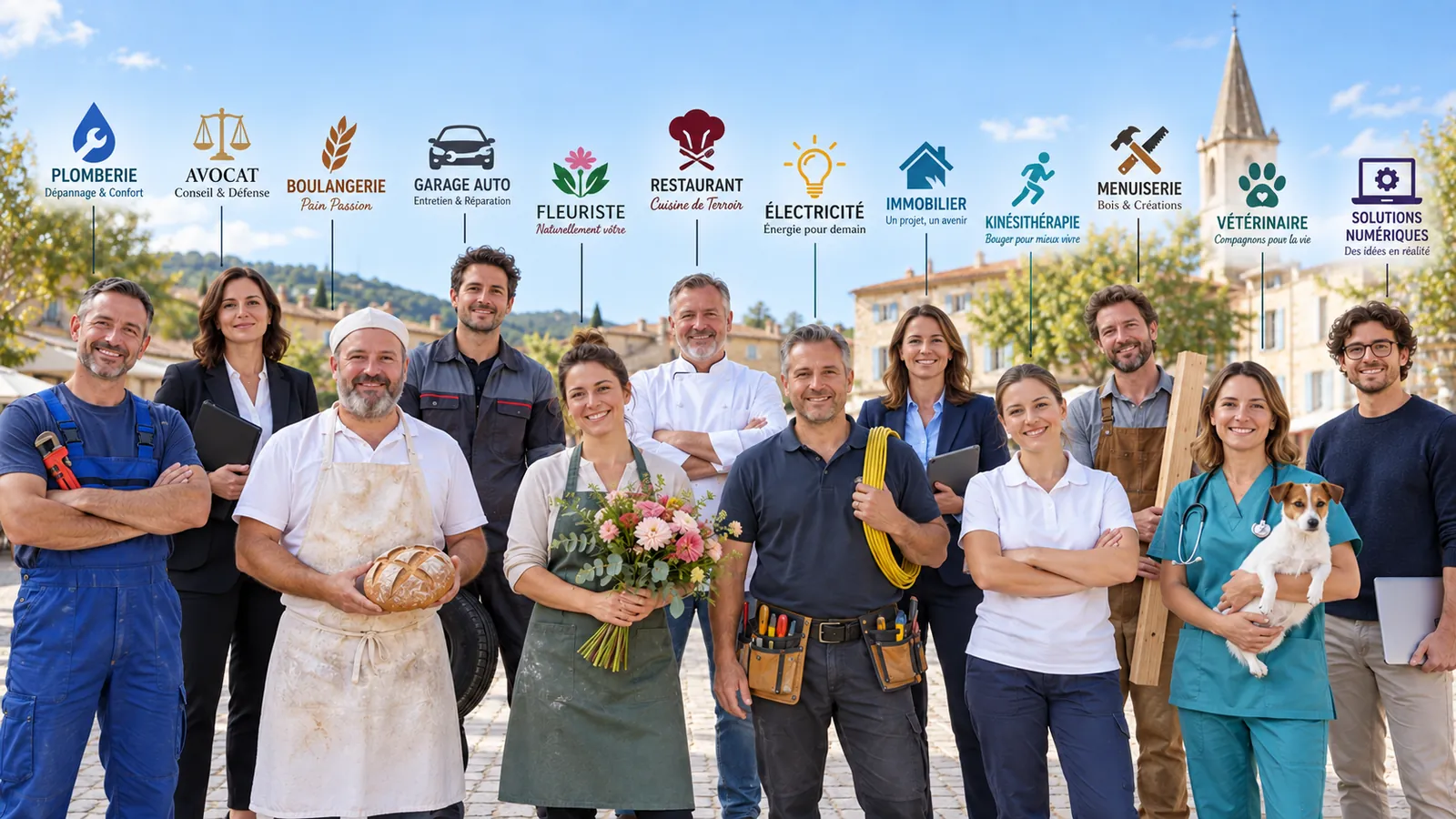 Twelve business owners in a village square, each with their business logo above their head.