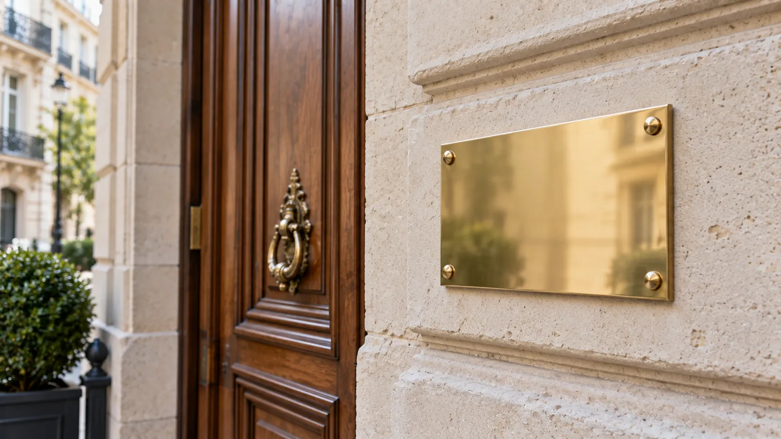 The brass plaque of a law firm, engraved with its name, then blank.