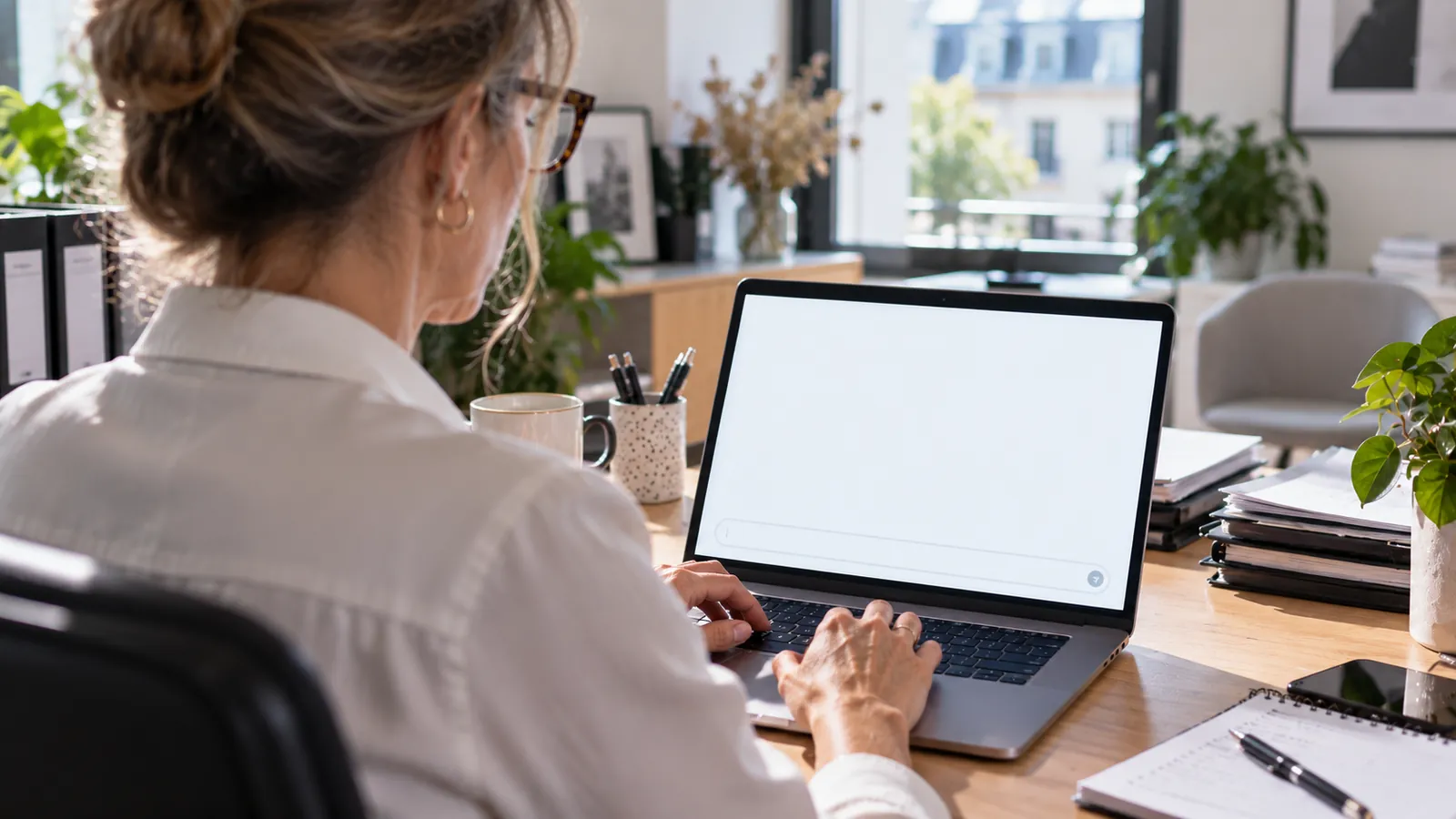 A manager at her desk, in front of an empty chat screen.