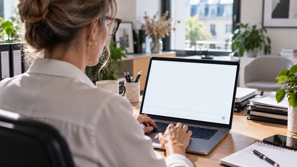 A firm manager at her desk asks an AI a question on her computer.