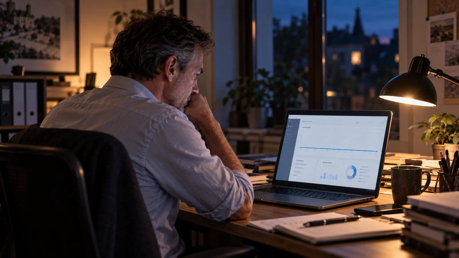 A business owner alone at their desk in the evening, in front of traffic statistics that are not moving.