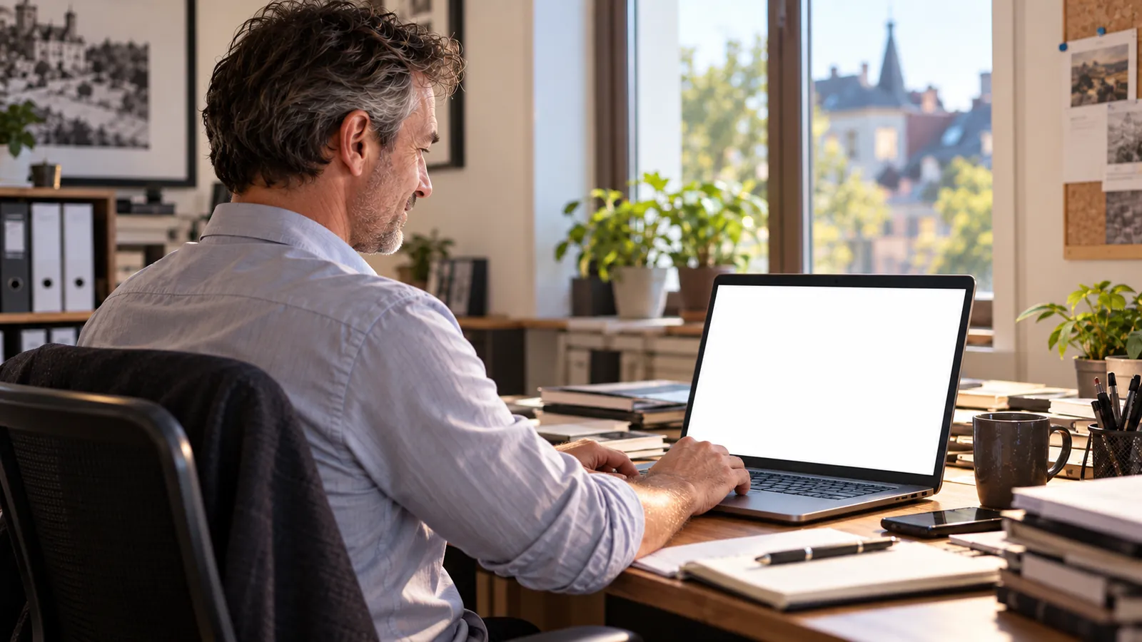 The same manager, in the morning, relaxed in front of his computer.